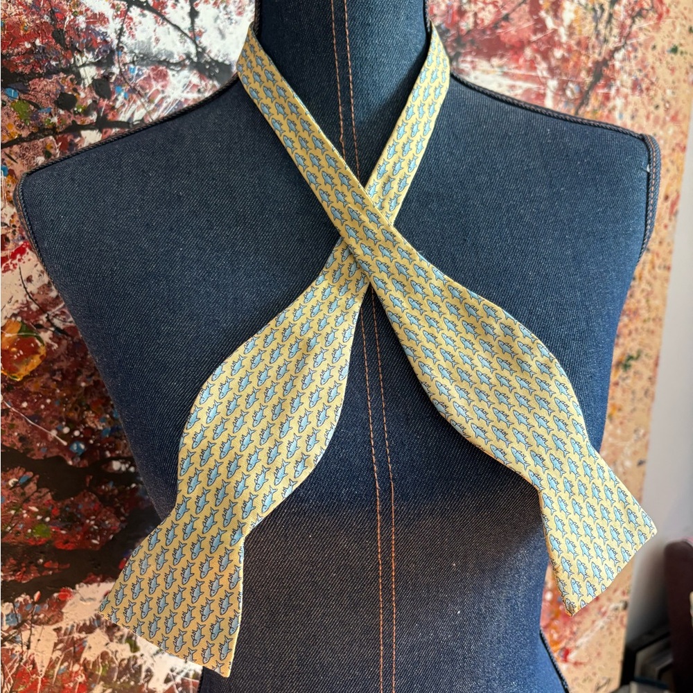 Vineyard Vines Yellow and Blue Shark/Fish Pattern Bow Tie